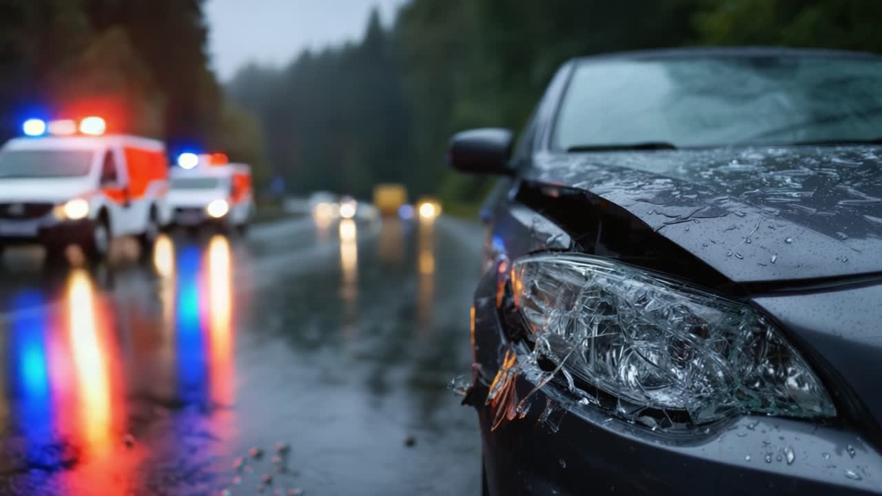 Vista ravvicinata di un veicolo danneggiato su una strada bagnata dalla pioggia, che mostra le conseguenze di un incidente mentre le luci di emergenza lampeggiano sullo sfondo.