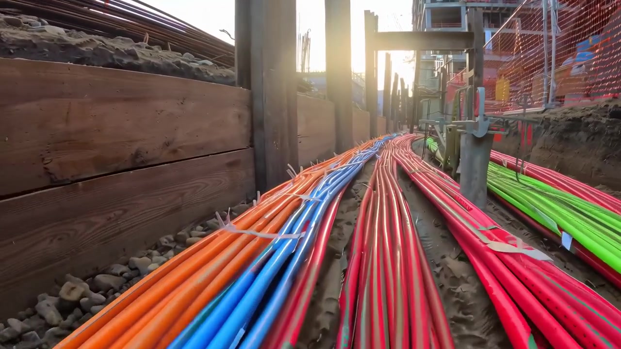 Colorful Utility Pipes Laid in a Construction Trench