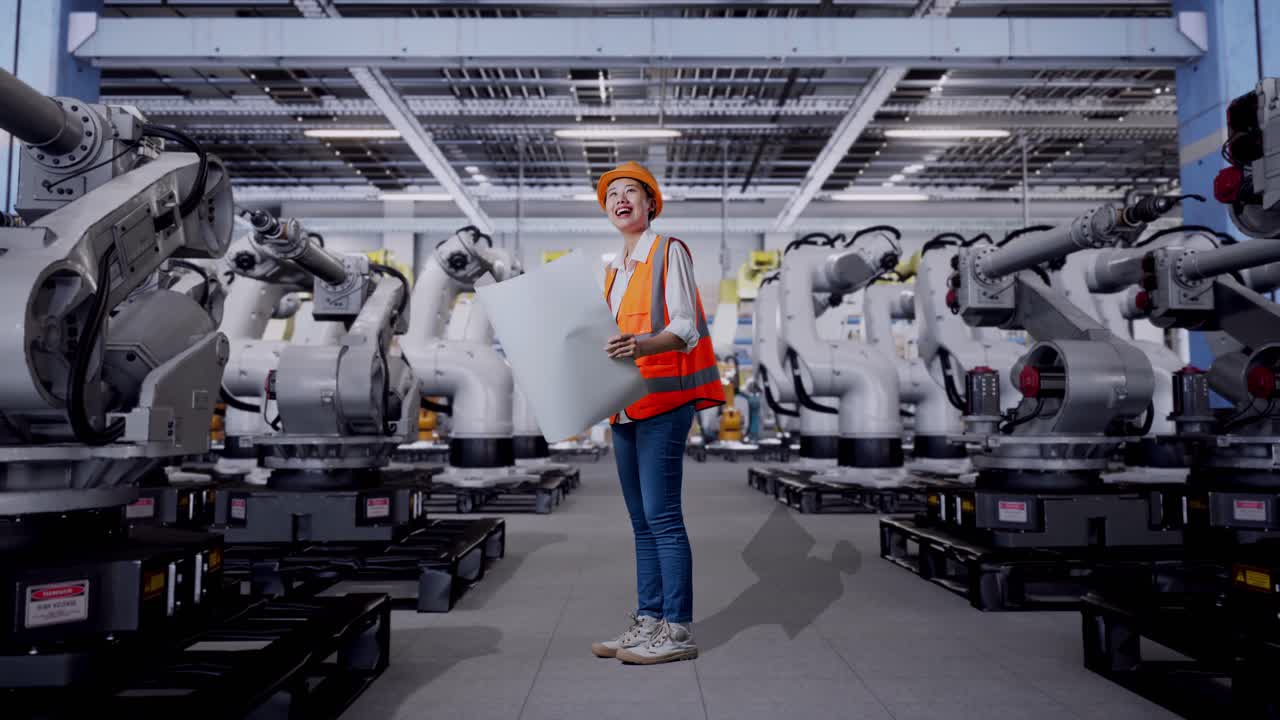 Engineer Reviewing Plans in a Modern Factory with Robots