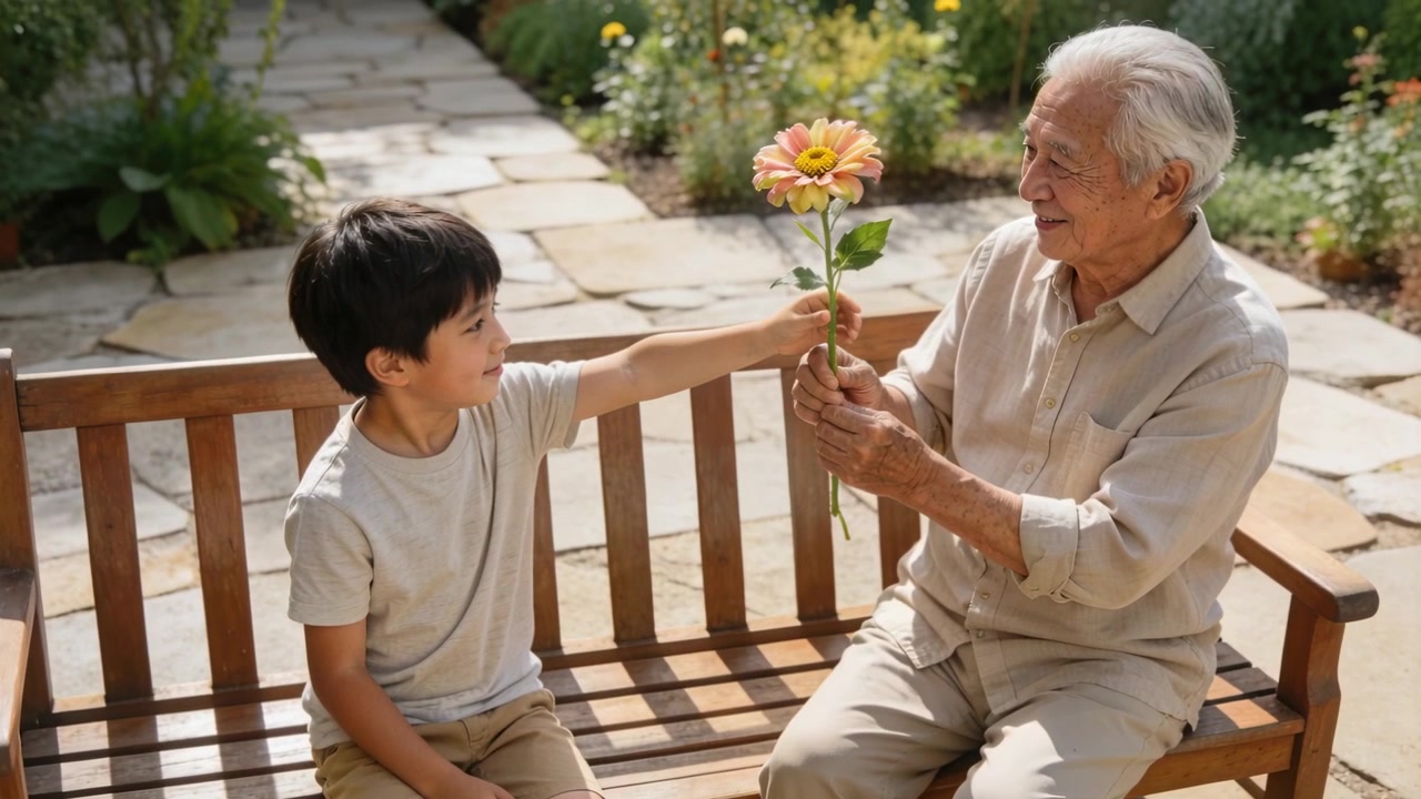 庭のベンチに座る祖父に、孫が花を贈り物として差し出している。