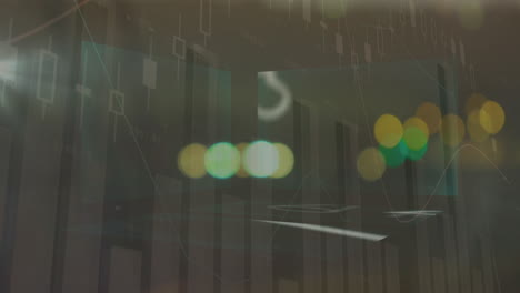 statistical data processing and mathematical equations against night city traffic