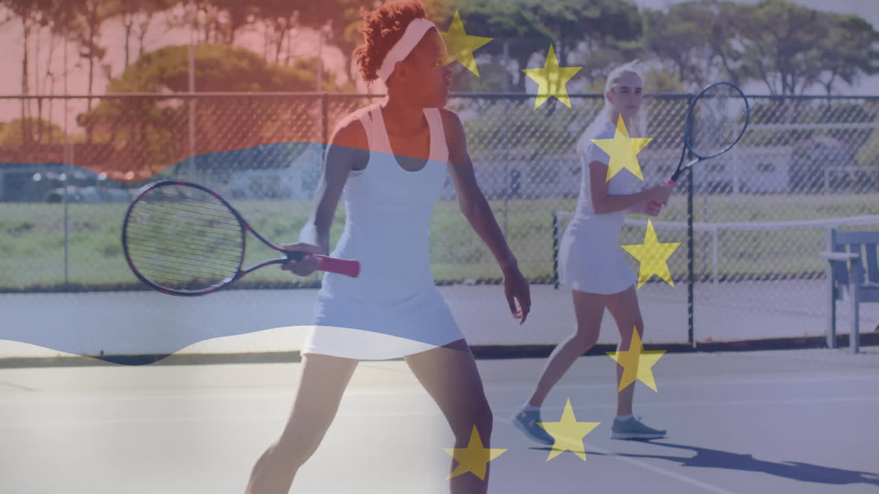 Female players volleying on court promoting health with animated red-blue waves and yellow stars