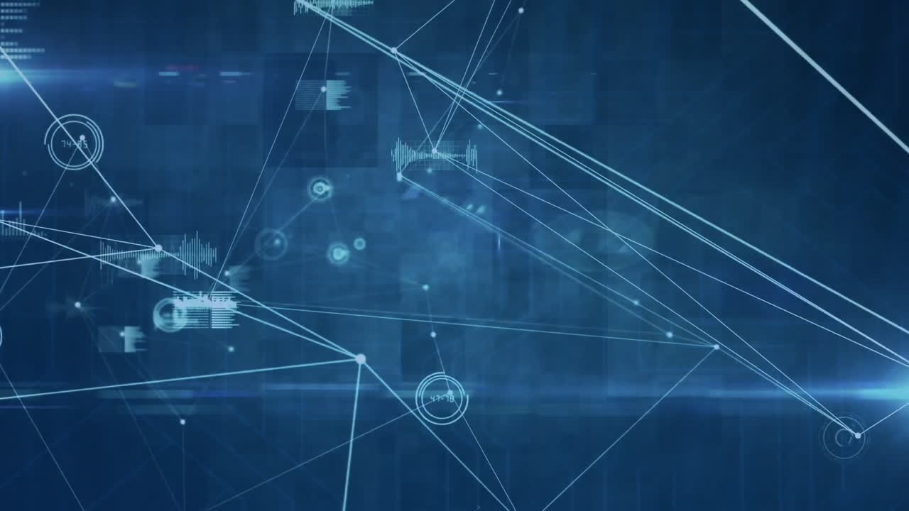 animación de puntos conectados, gráficos, números cambiantes en círculos de carga sobre fondo negro