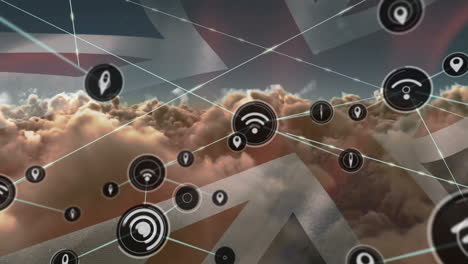 animation of network of connection and icons over uk flag and cloudy sky