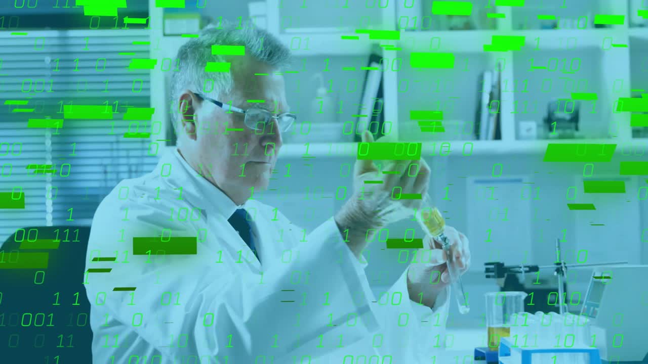 Senior scientist in lab attaching pipette tip drawing liquid and checking sample under code overlay