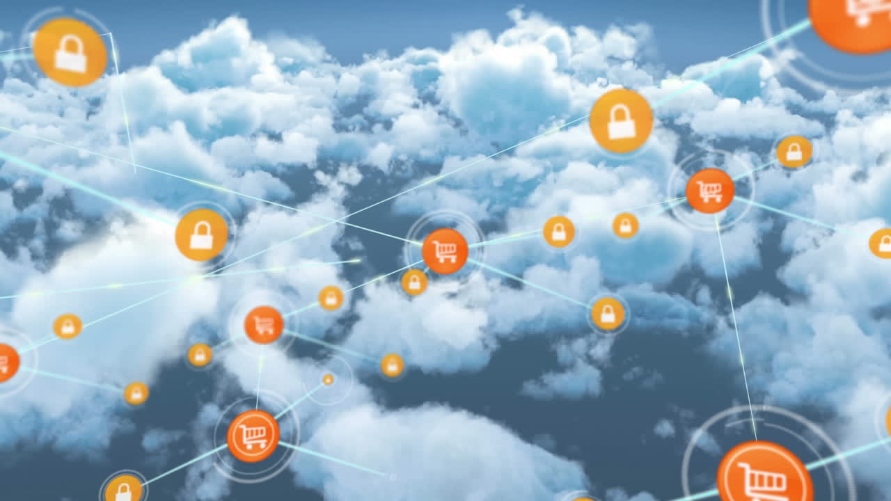 animación de redes de conexiones con iconos en el cielo