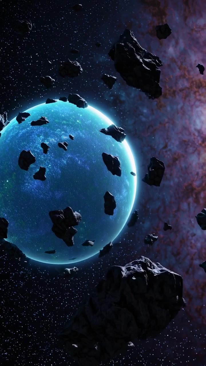 Asteroidi che fluttuano vicino a un pianeta blu luminoso nello spazio profondo