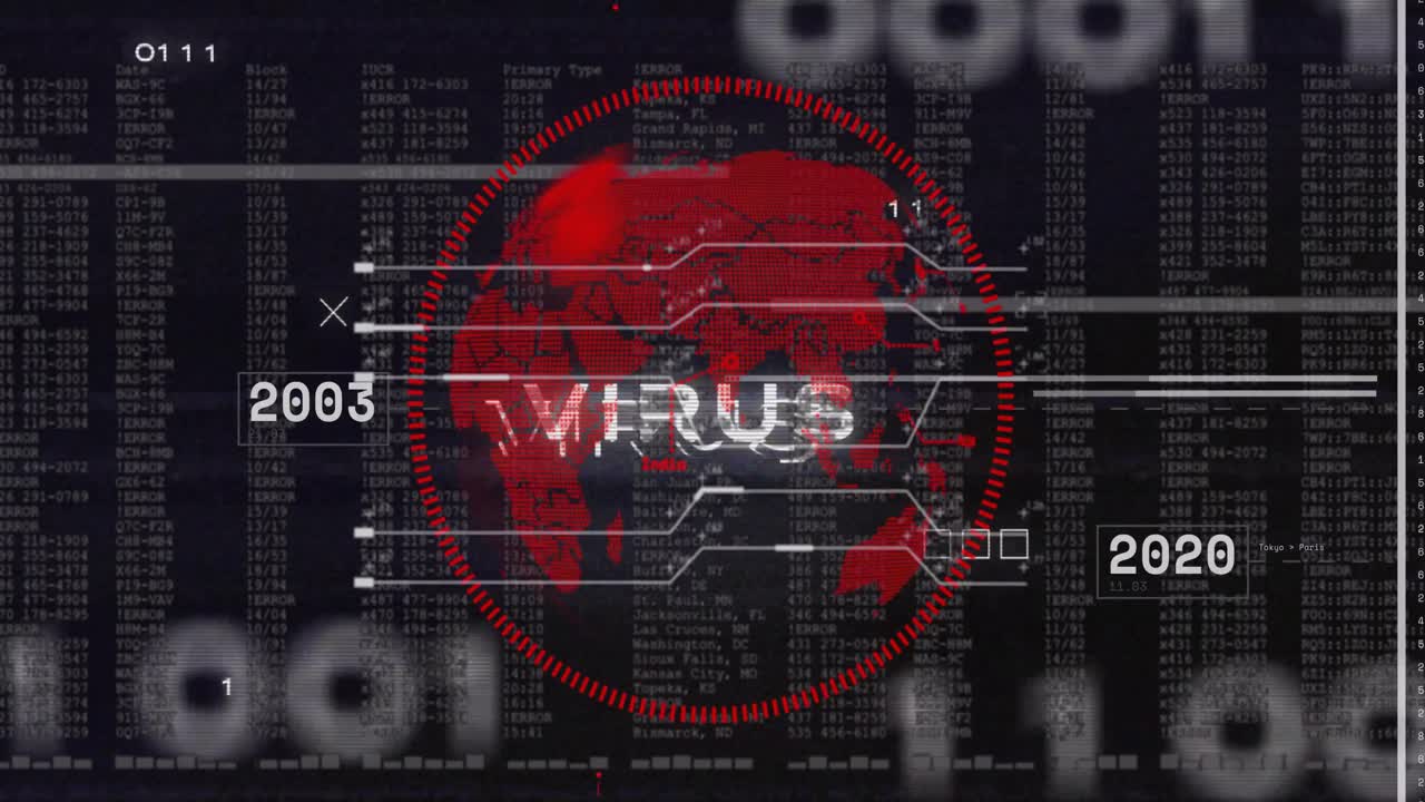 HUD booting, globe rotating, ring pulsing, VIRUS glitching, years shifting for outbreak tracking