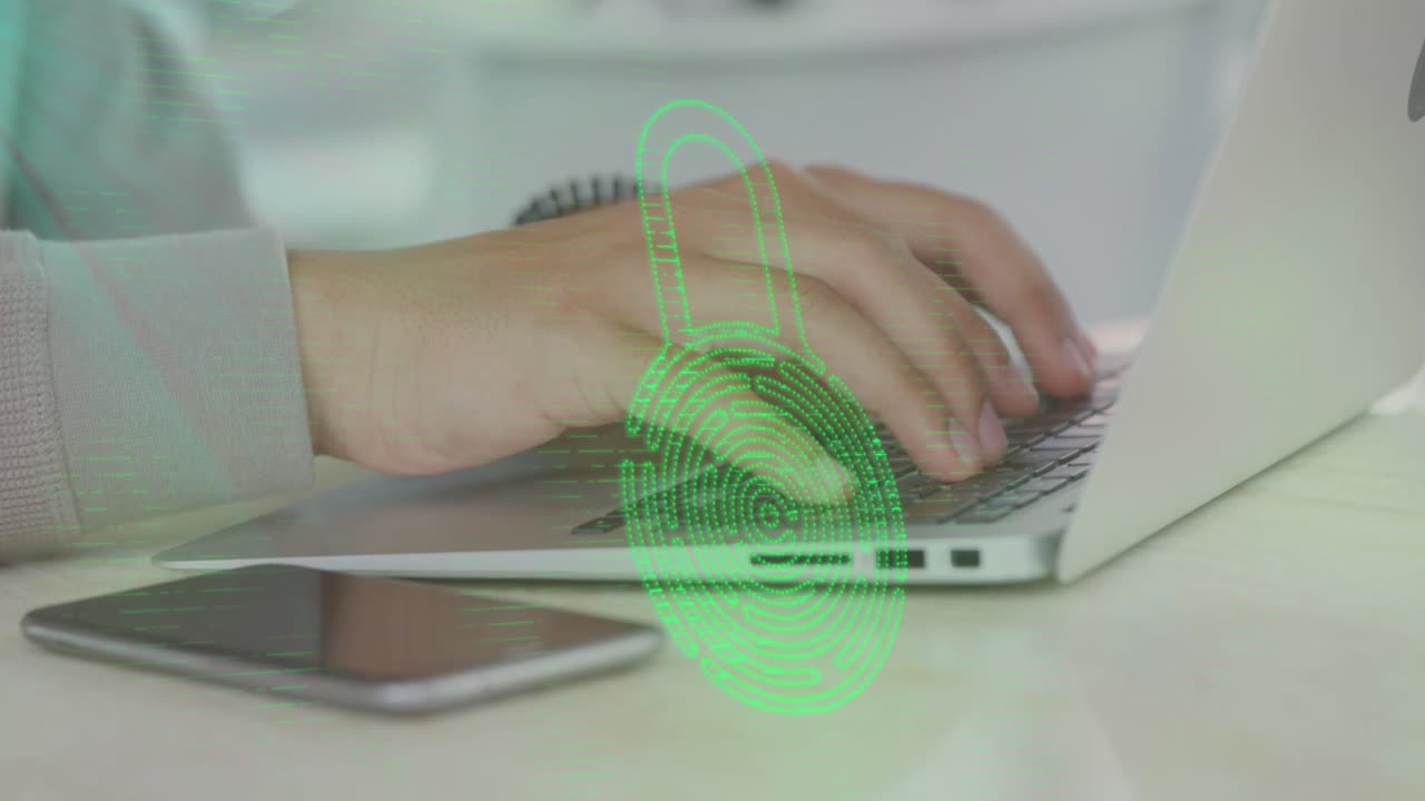 Animation of biometric padlock, data processing over man using laptop