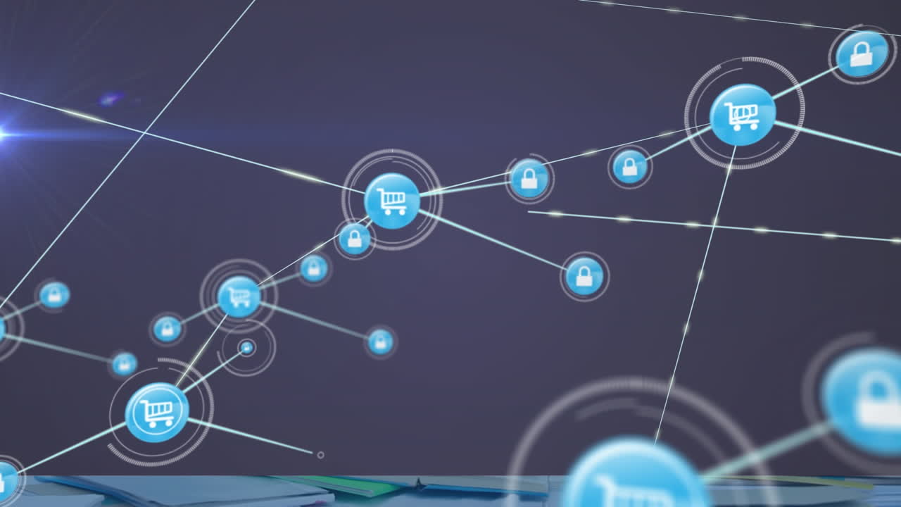 animación de la red de conexiones con iconos de compras en línea sobre fondo púrpura