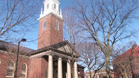 the camera pans up this picturesque church on harvard university's campus