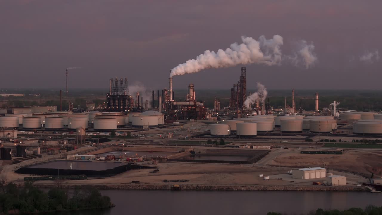 Raffineria di Petrolio Con Serbatoi di Stoccaggio e Ciminiere Ripresa Aerea con Drone Industria Energetica
