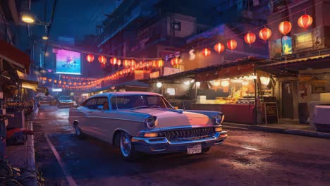vintage car on a lantern-lit night street