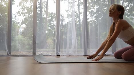 A Young Woman is Doing Yoga Exercises Near a Large Window a Young Woman is Doing Yoga Exercises Near a Large Window