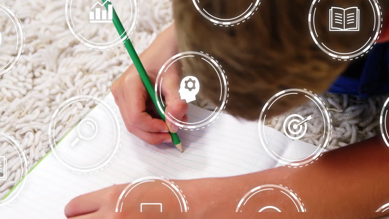 animación de iconos de los medios sobre la escritura de los escolares caucásicos