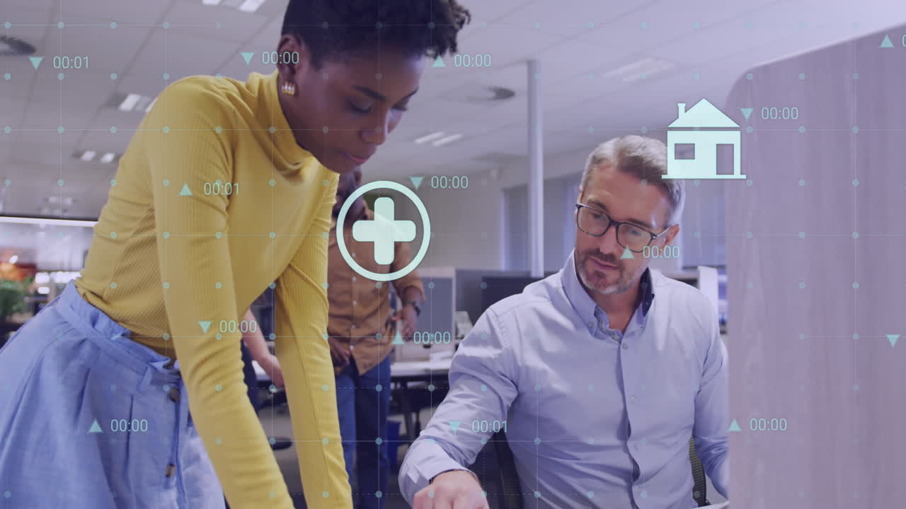 Animation of icons and financial data processing over business people in office