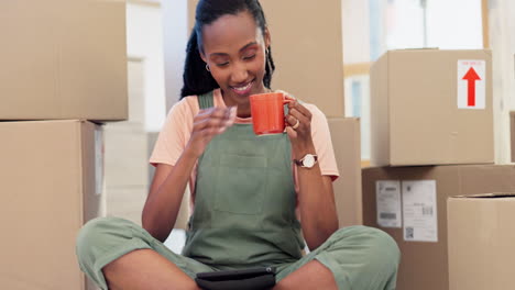home, small business and tablet with black woman
