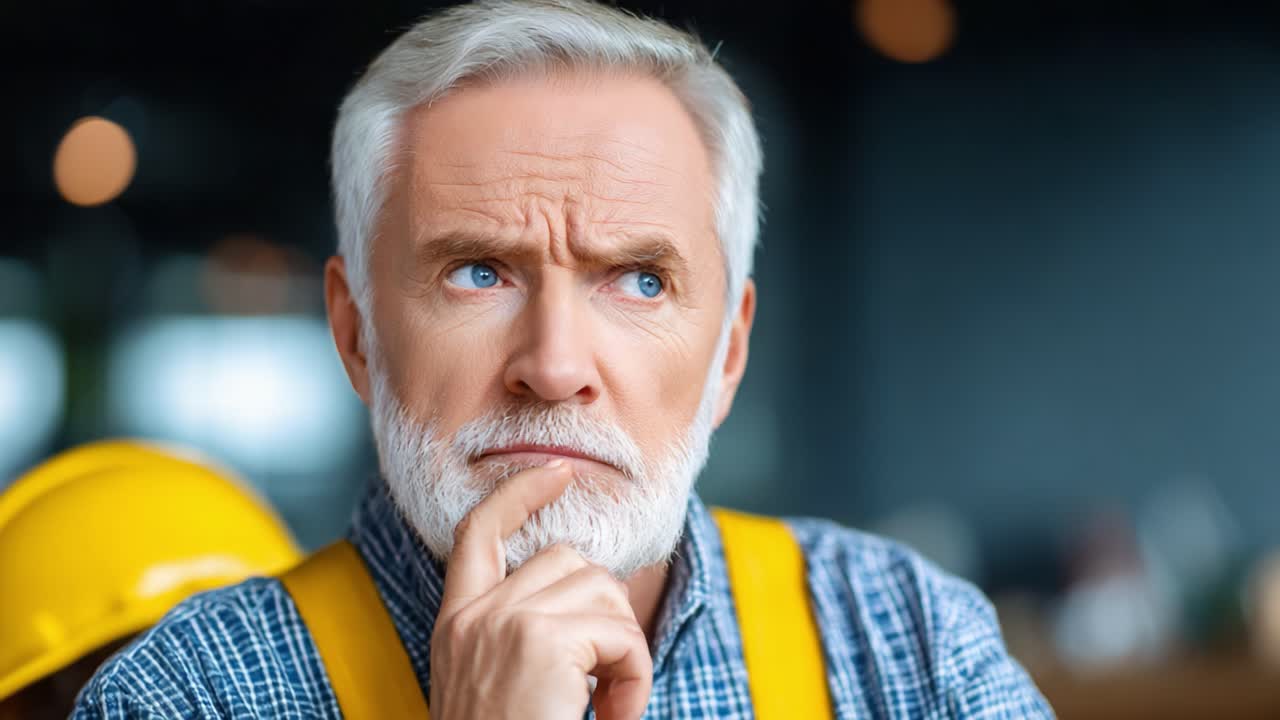 Contemplative Male Worker in Safety Gear Reflects on Thoughts Amidst Construction Environment with Safety Helmets in Background