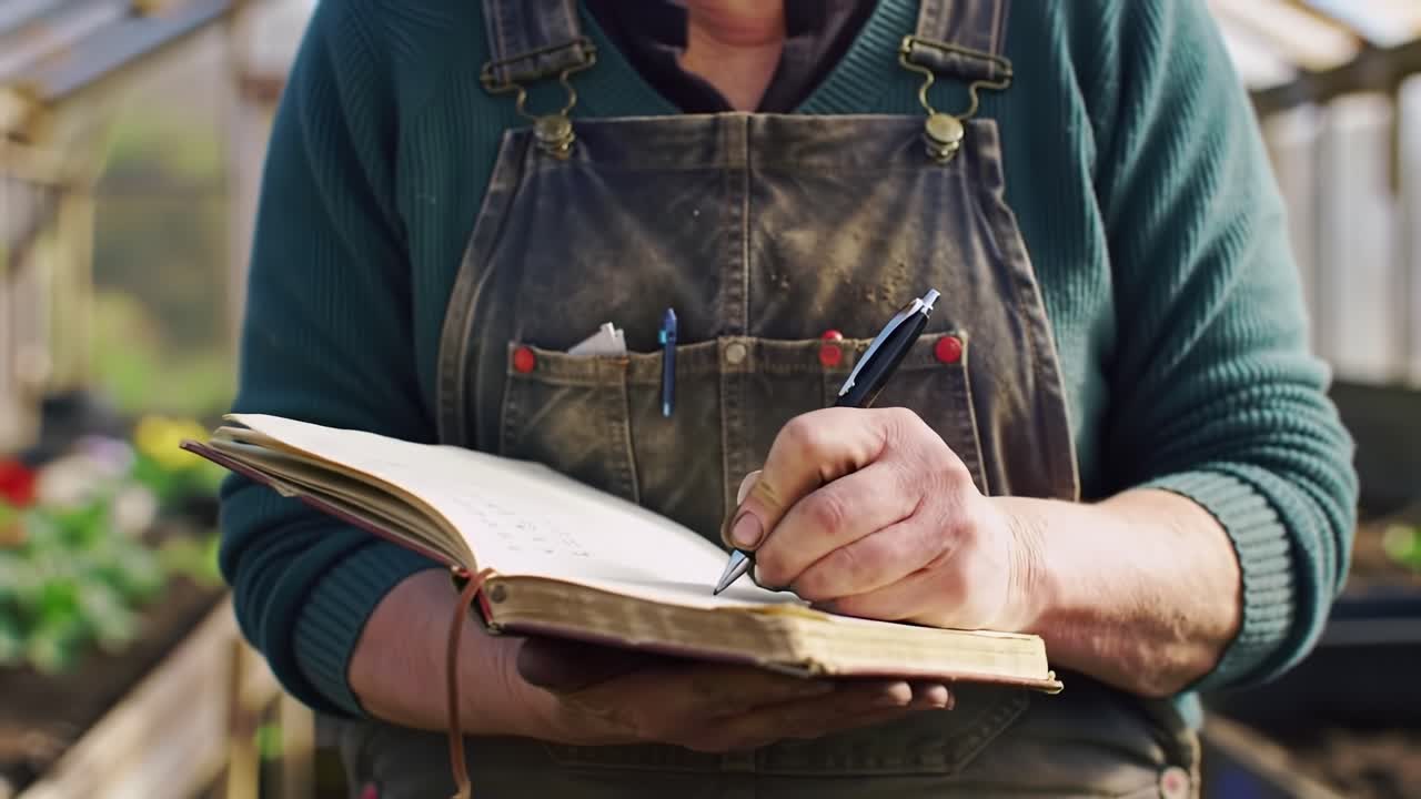A Gardener's Reflection: Documenting Growth and Observations in a Notebook While Nurturing Plants in a Lush Greenhouse Setting