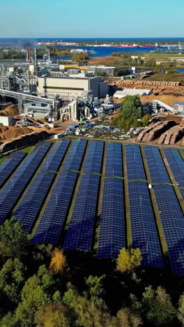 solar panel electricity renewable energy sun harvest production farm array, aerial vertical video