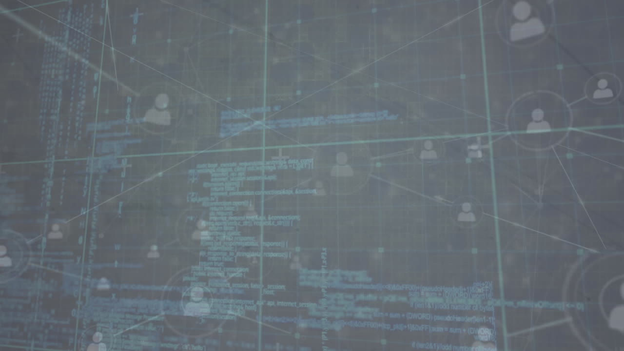 Animation of network of profile icons and data processing over grid network against grey background