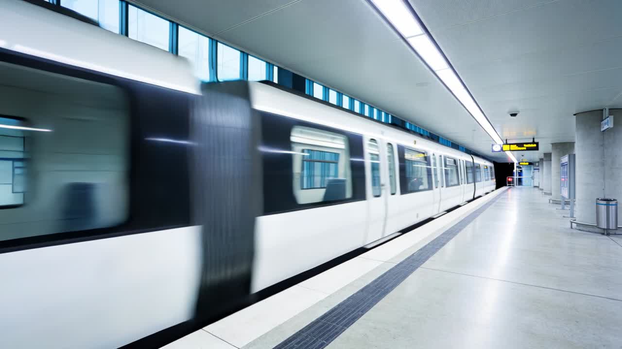 Hvidt metrotog nærmer sig fra venstre, passerer perronen og fortsætter ruten, der viser sikkerhedsstriben.