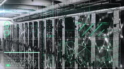 Animation of interface with data processing and mathematical equations against server room