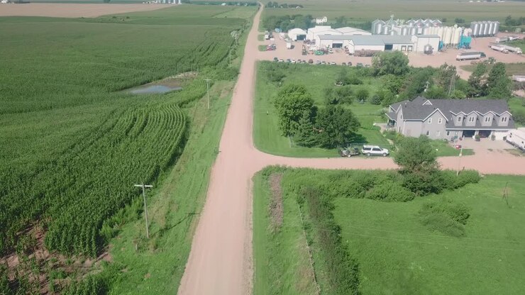 Drone aerial view of an international export agribusiness that exports cover seeds around the world located in Nebraska USA-2