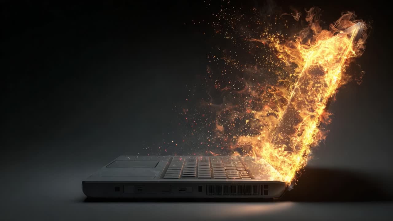 En surrealistisk repræsentation af teknologi i flammer: En bærbar computer, der udsender ild og gnister, og som fanger krydsfeltet mellem kreativitet og digital innovation