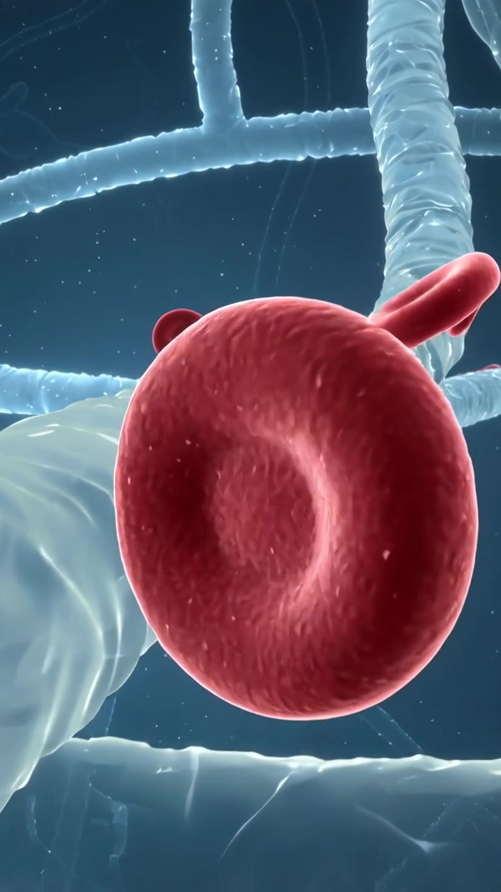 Vertical video: Camera starting to follow red blood cell moving through microscopic tubes with dust