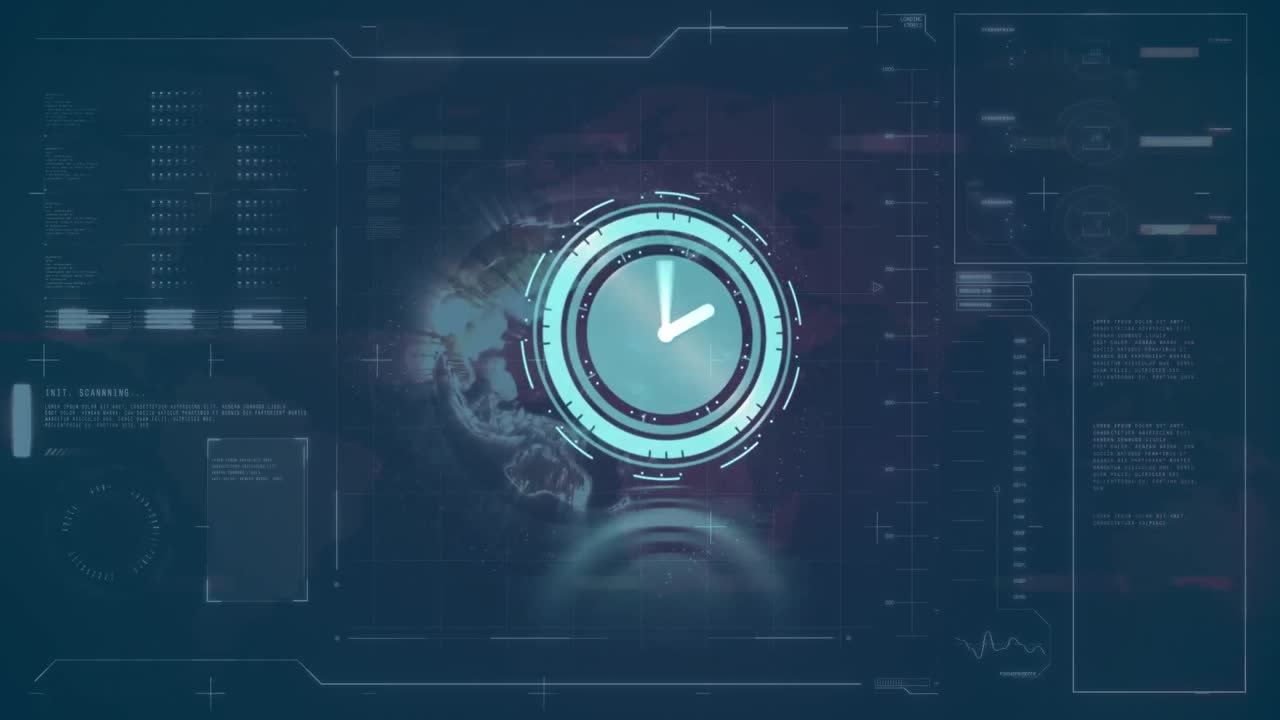 Animation of clock moving fast, data and statistics processing over screen