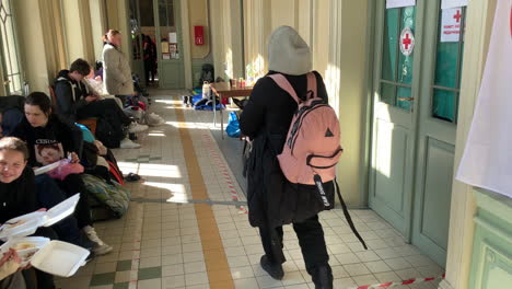 a woman carrying her pet dogs, enters a refugee registration center at the ukraine polish border