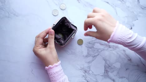 poniendo monedas en una billetera vacía