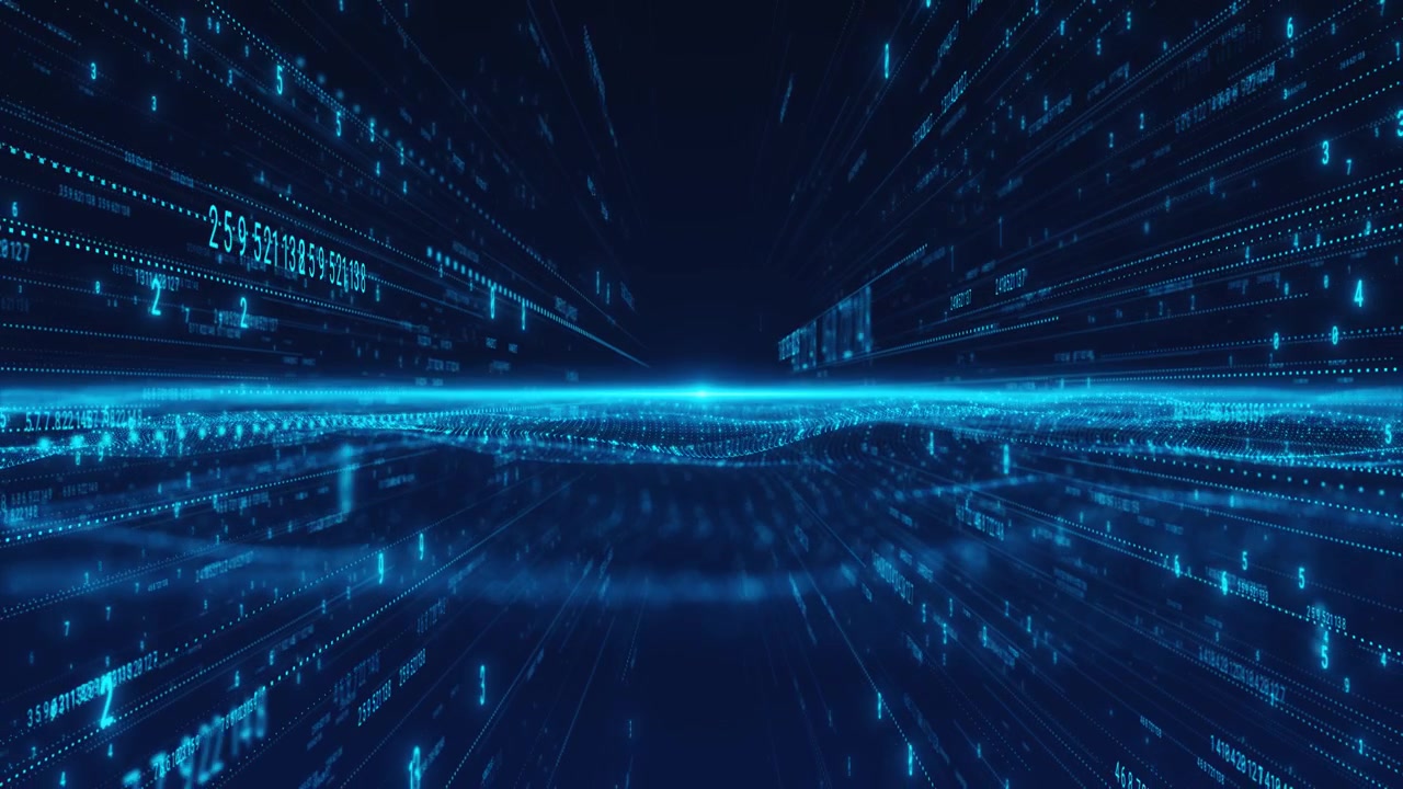 Digital number corridor visual with blue glowing data walls fast perspective depth and wave motion