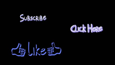 animation of words like, subscribe and click here flickering on black background