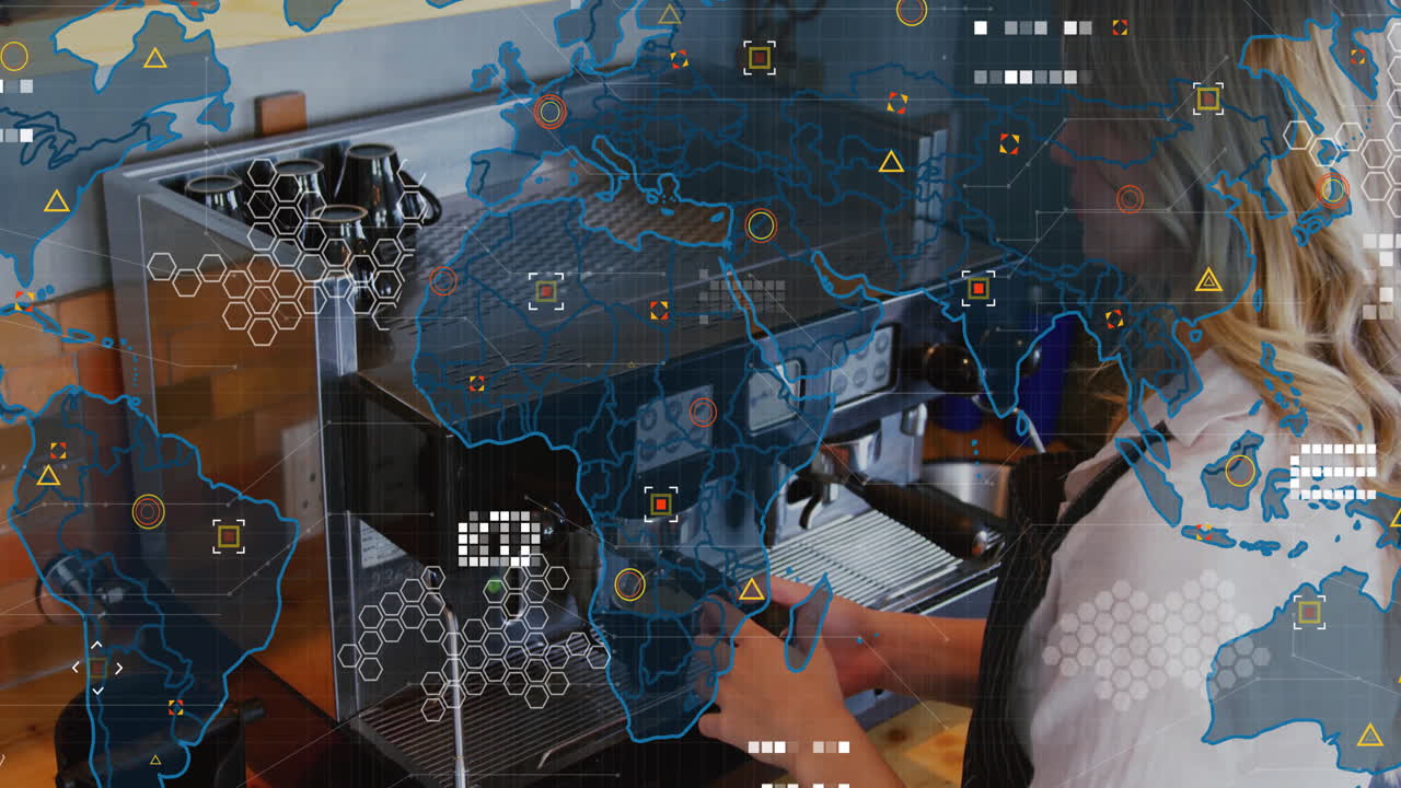 Woman preparing espresso using portafilter at café station, showing digital technology data overlay