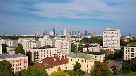 Residential-neighborhood-with-apartments,-Warsaw-skyline-aerial-view