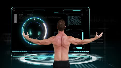 animation of strong muscular man with scope scanning and data processing