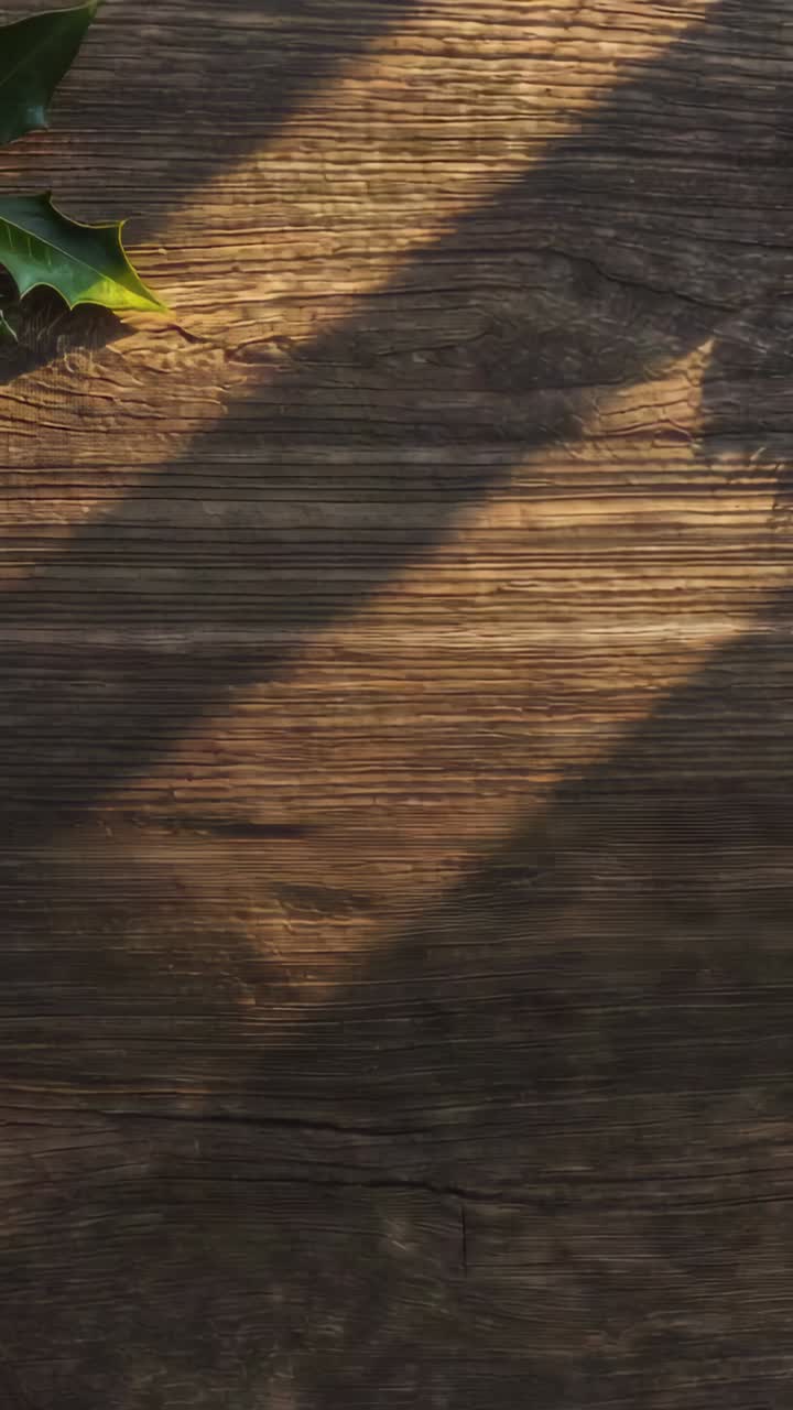 Vertical video: Frames showing pine cones and holly leaf forming decor on wood plank, slant shadows