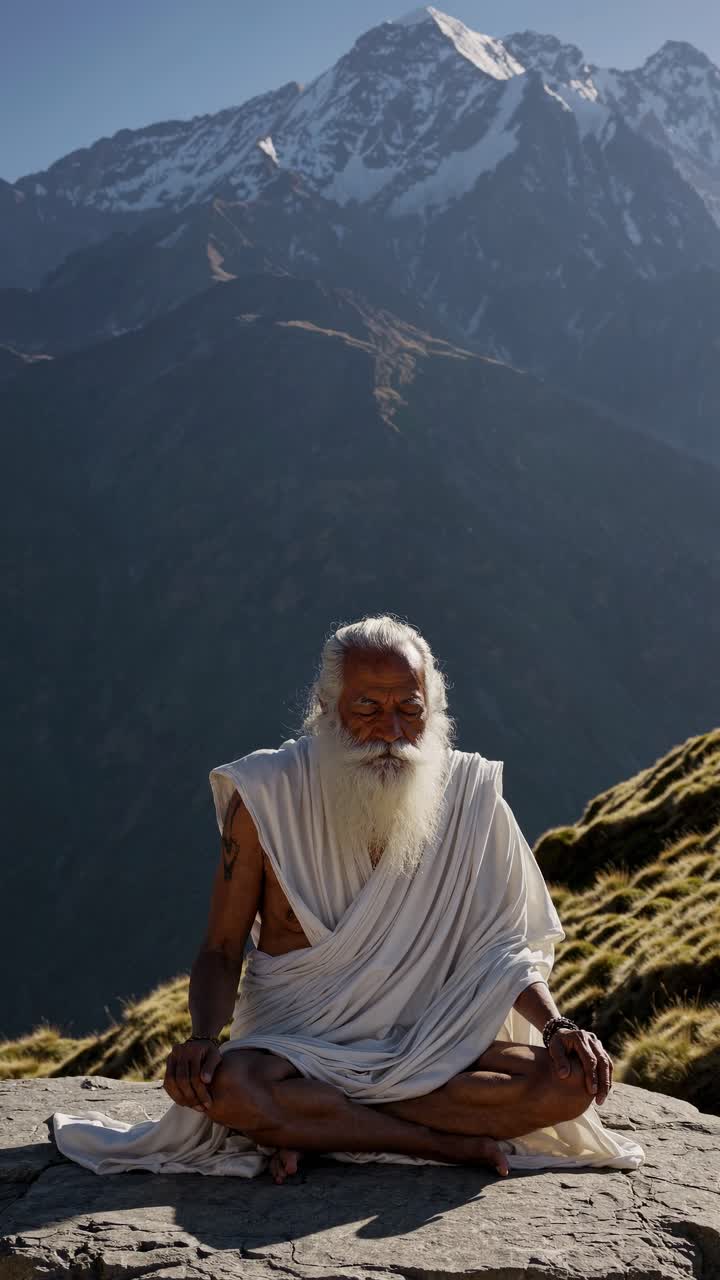 A serene scene of an elderly man meditating in traditional attire against majestic mountains