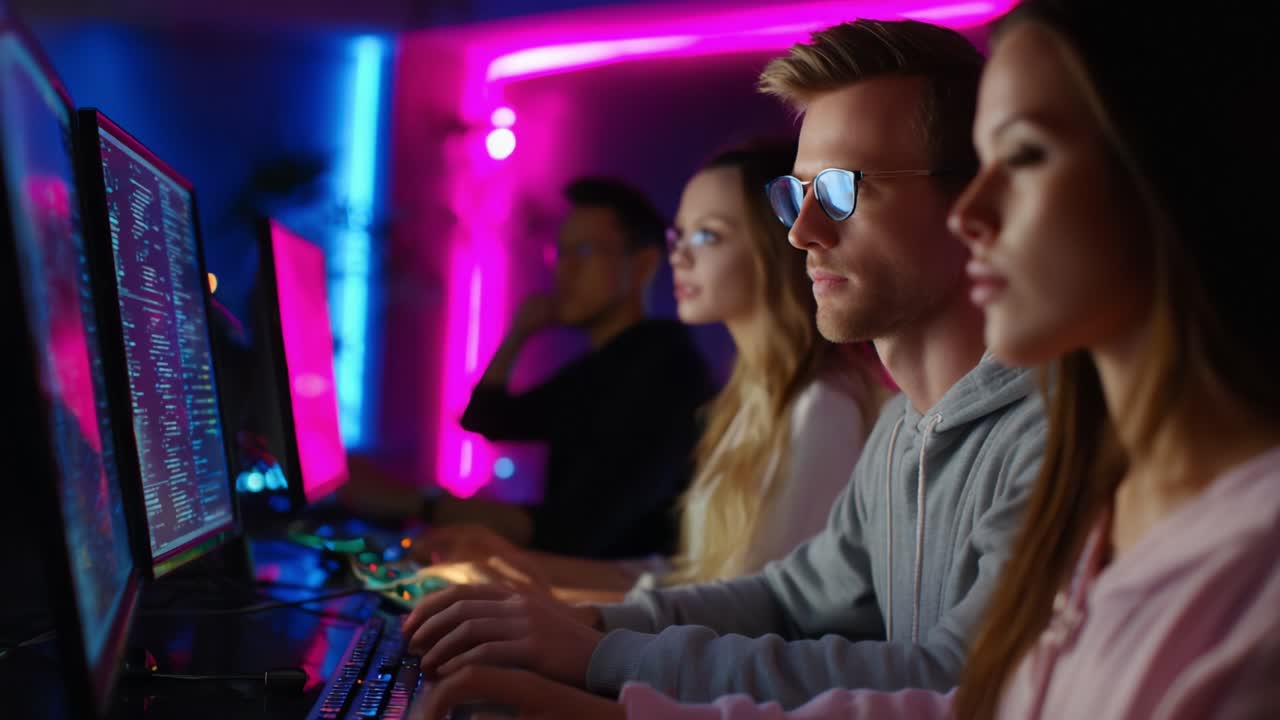 A Focused Group of Gamers Engaged in a Competitive Gaming Session with Colorful Neon Lighting, Capturing the Intensity and Excitement of Modern Esports Culture in a High-Tech Environment