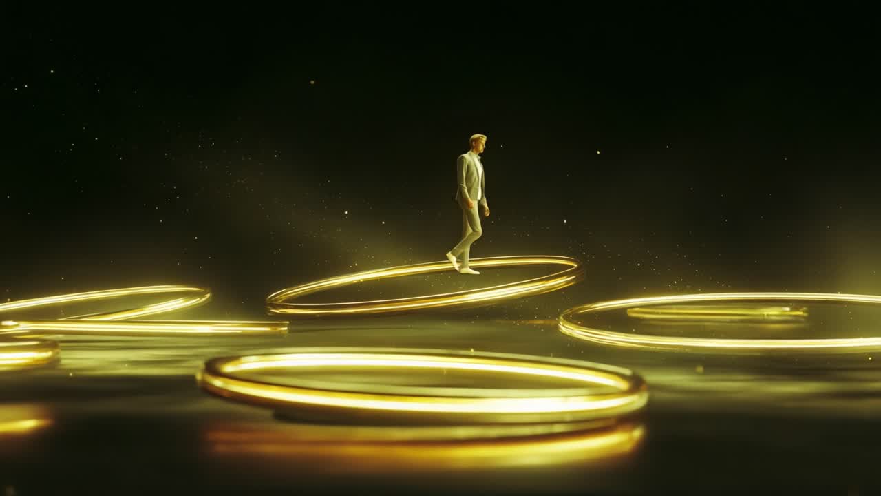 A Dreamlike Journey Across Floating Rings: A Figure Balancing Elegantly Amidst Glowing Loops and Ethereal Light, Capturing the Essence of Imagination and Wonder