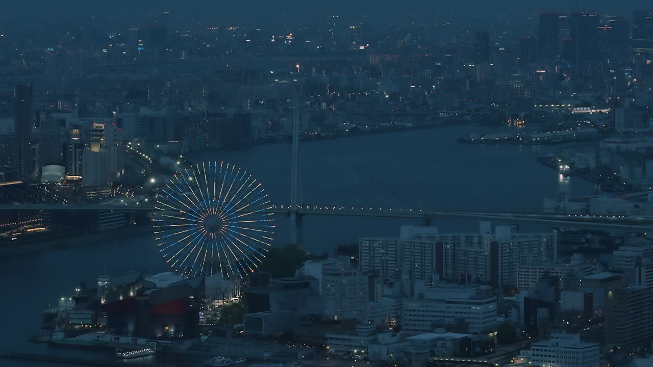 Aerial view of the Osaka Bay harbor area with the ferris wheel at night