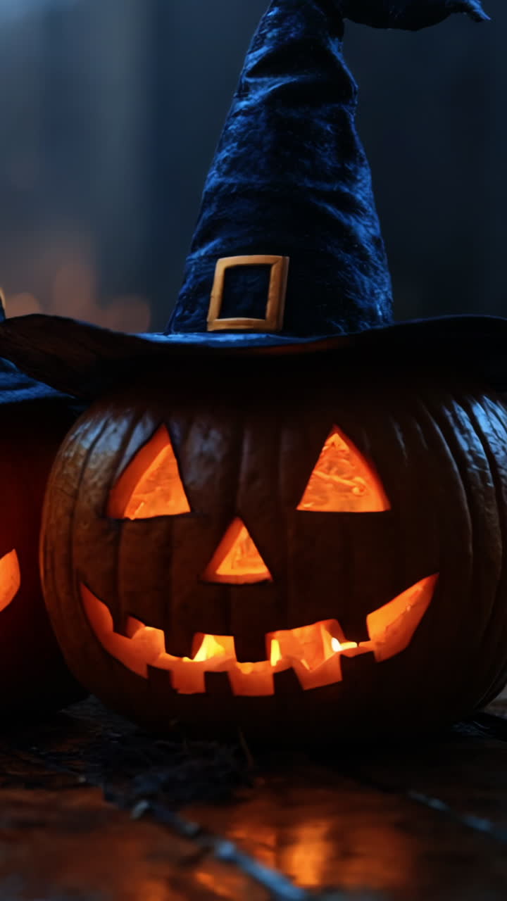 Two pumpkins with witch hats on top of a table. The pumpkins are lit up and have a spooky, Halloween vibe