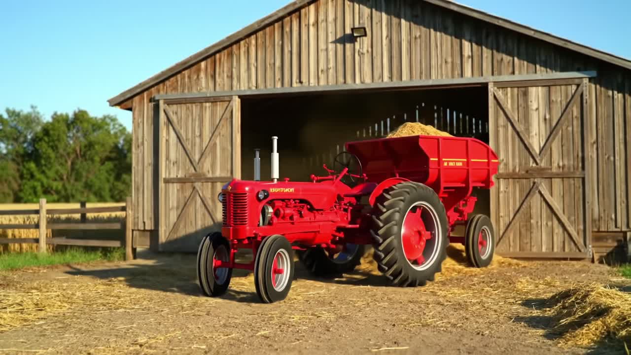 Red Tractor Pulls Wagon Through Barn on Sunny Farm in Countryside