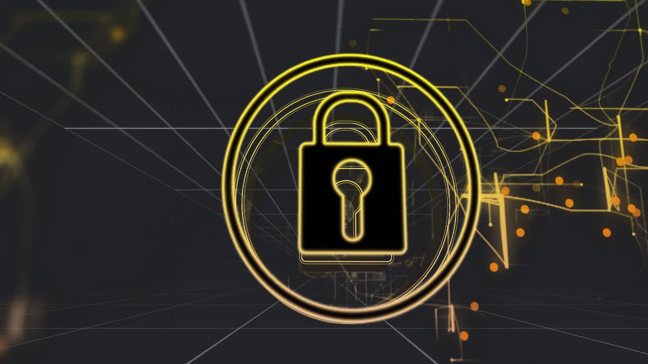 Right spark starting padlock growing, ring forming, nodes moving outward, showing network security