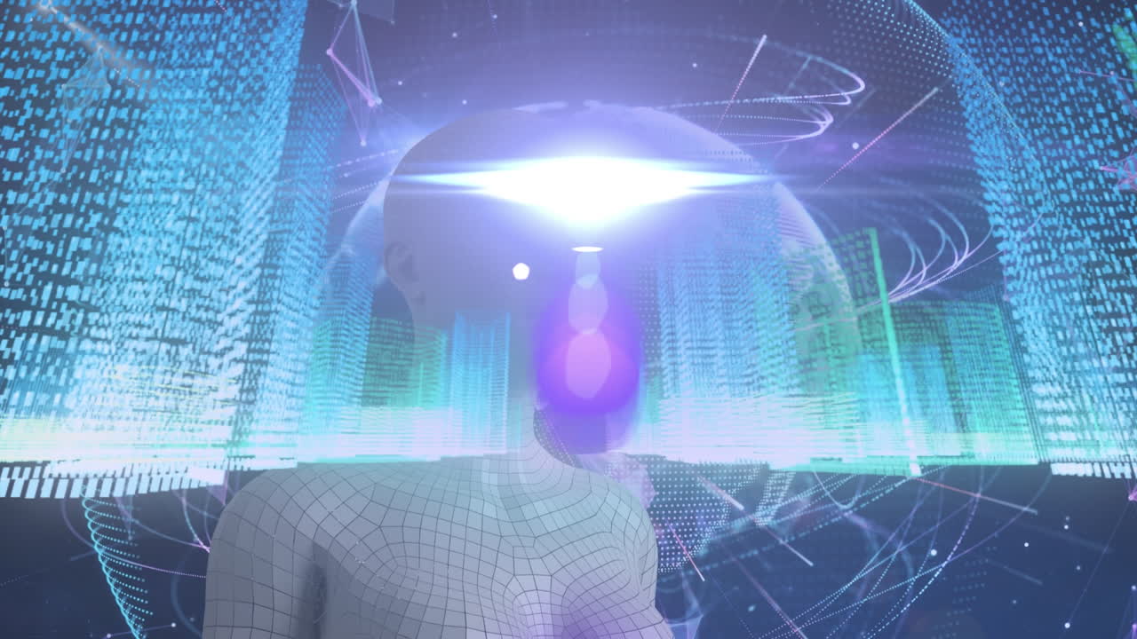 파란색 배경에 있는 인간 몸 모형과 지구 위에 있는 빛의 점과 3d 도시 모델의 애니메이션