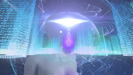 파란색 배경에 있는 인간 몸 모형과 지구 위에 있는 빛의 점과 3d 도시 모델의 애니메이션
