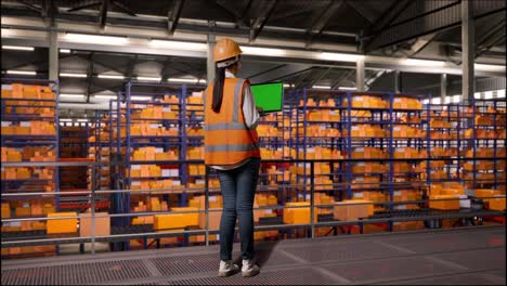 full body back view of asian female engineer with safety helmet standing in the warehouse with shelves full of delivery goods. looking at green screen laptop and looking around the storage