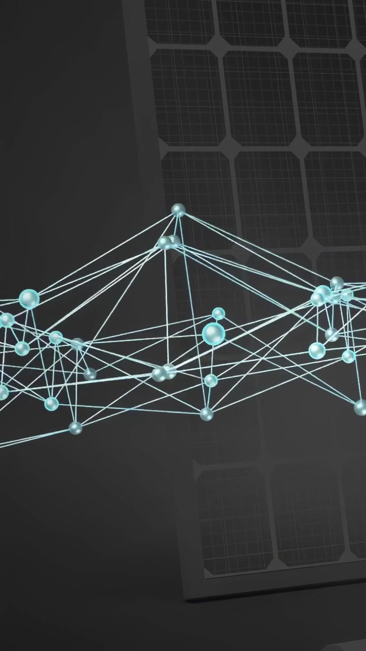 Vertical video: Cyan mesh shifting and morphing, data driving nodes pulsing toward PV panel energy